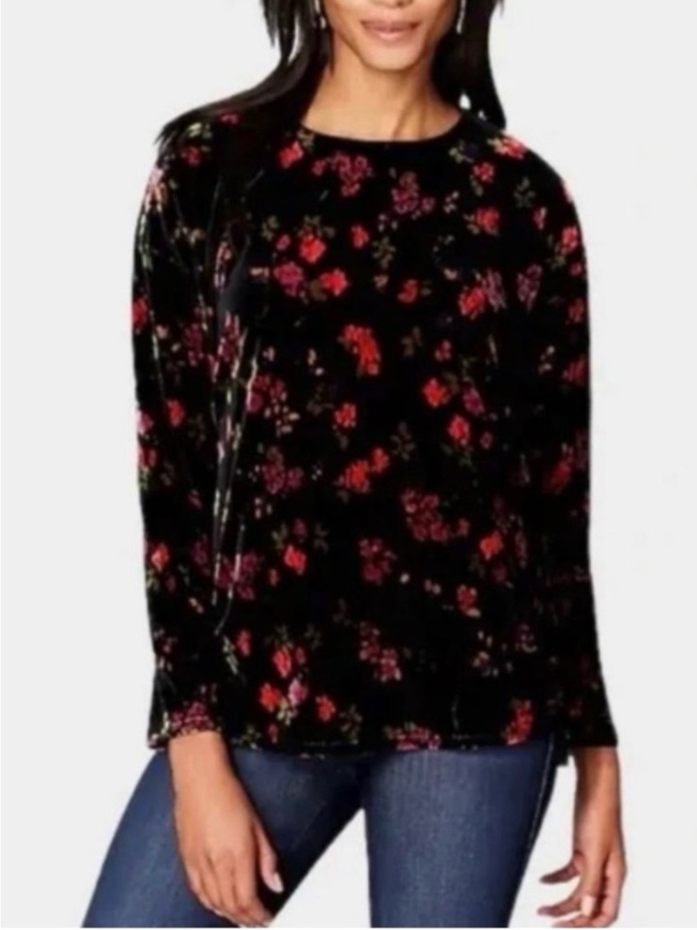 J.Jill Black Velvet Long-Sleeve Floral Tee